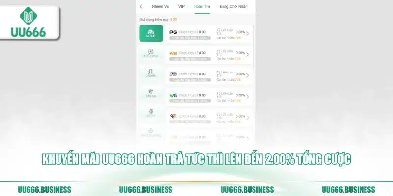 Khuyến mãi UU666 hoàn trả 